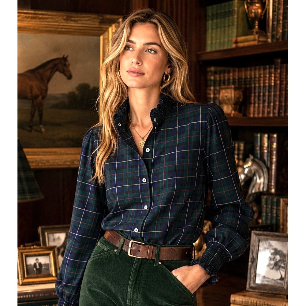 Tartan equestrian Plaid Ruffle Neck Blouse Navy Green Tartan Smocked Cuff Top m